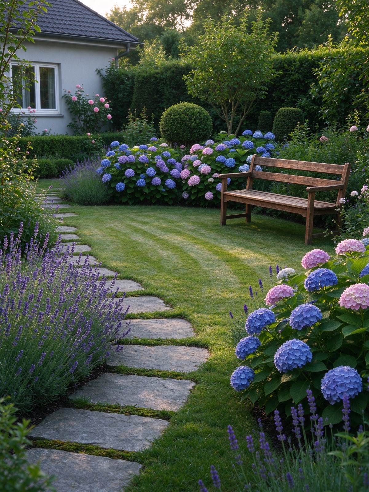 Gepflegter Garten mit Hortensien und Lavendel